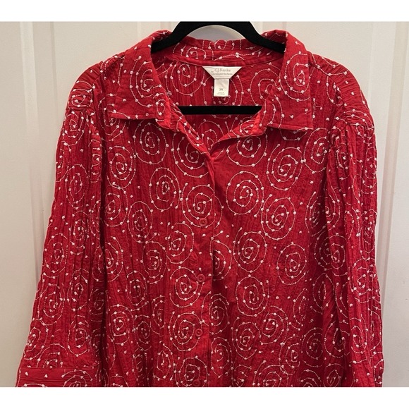 Christopher & Banks Tops - CJ Banks‎ Red Crinkle Embroidered Button Up Shirt Womens 3X
